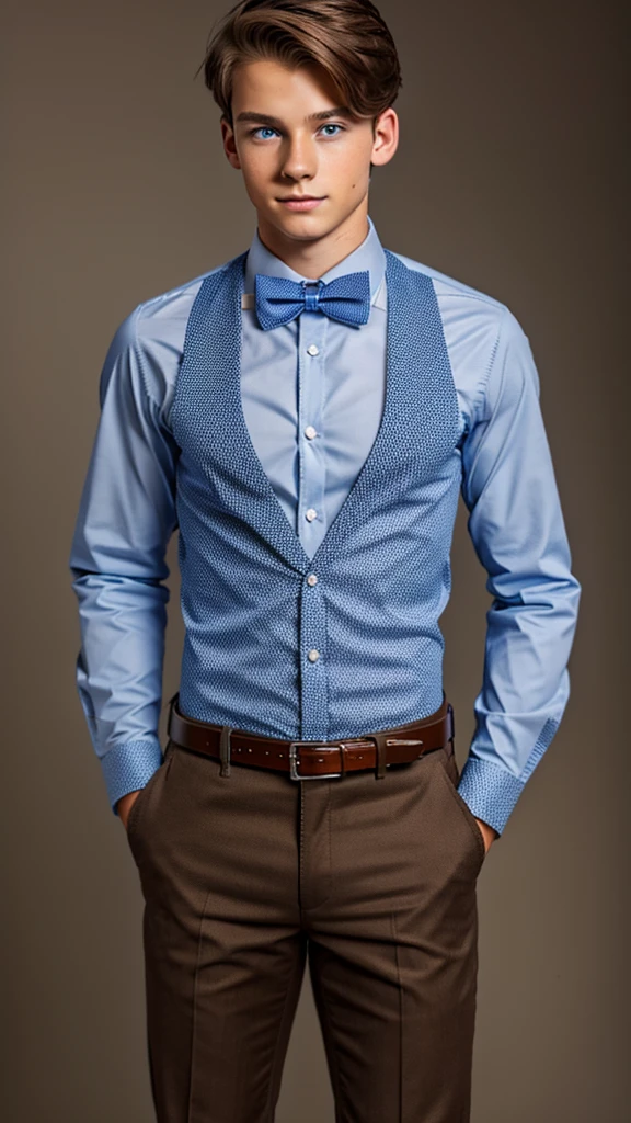 19 year old male wearing bow tie and lomg sleveed button up with belt and tucked in
4K HIGH REZ 

Physical Description: Brown colored hair and skinny build. 5"5 and 150 LB. Blue eyes. 

.