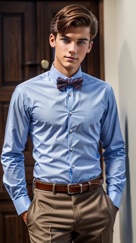 19 year old male wearing bow tie and lomg sleveed button up with belt and tucked in
4K HIGH REZ 

Physical Description: Brown colored hair and skinny build. 5"5 and 150 LB. Blue eyes. 

.