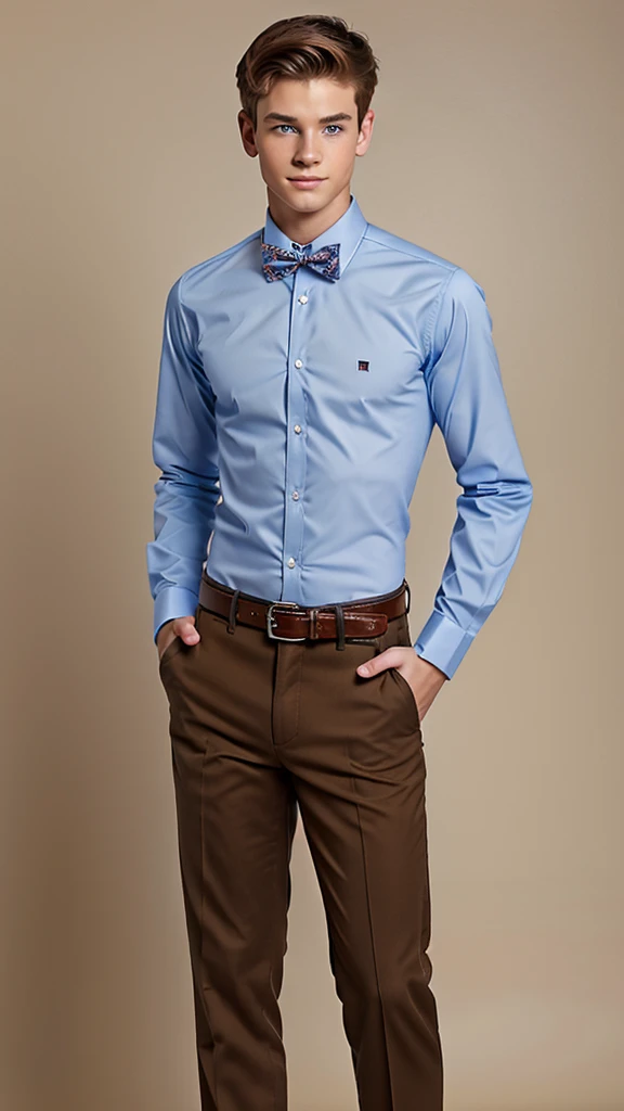 19 year old male wearing bow tie and lomg sleveed button up with belt and tucked in
4K HIGH REZ 

Physical Description: Brown colored hair and skinny build. 5"5 and 150 LB. Blue eyes. 

.