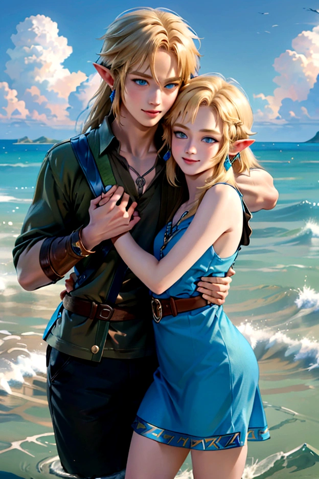 ((artwork)), (Highest quality), (detailed), ((1 boy)), (Link to the Legend of Zelda), smile, A short-haired, blue-eyed boy and a long-haired, blonde girl are hugging each other, Summer Sea, Bright colors、Embrace each other、Love each other
