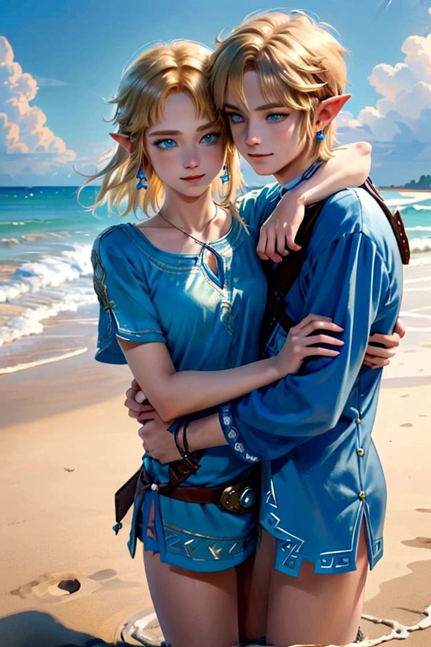 ((artwork)), (Highest quality), (detailed), ((1 boy)), (Link to the Legend of Zelda), smile, A short-haired, blue-eyed boy and a long-haired, blonde girl are hugging each other, Summer Sea, Bright colors、Embrace each other、Love each other