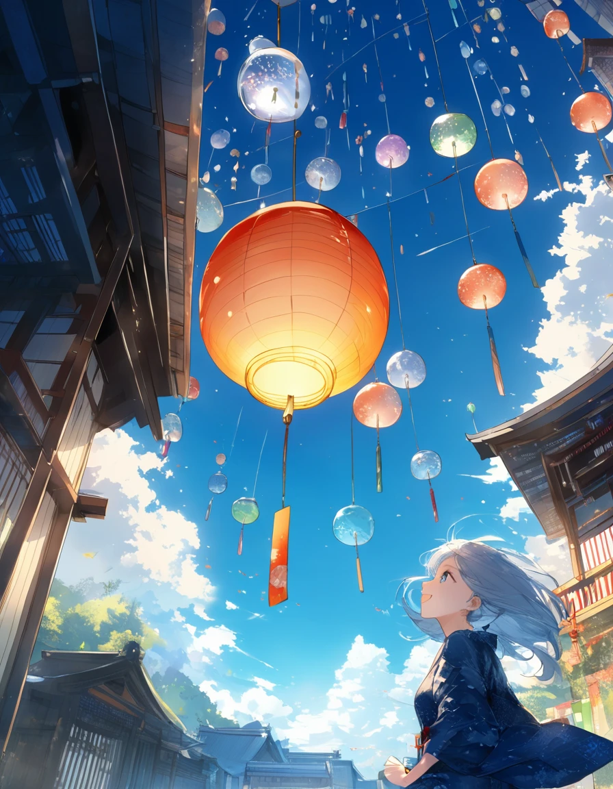extremely clear 8K wallpaper, extremely delicate and detailed face:1.3, absurdres, masterpiece, pixiv contest winner, by Demizu Posuka, from below, The scenery on the grounds of the shrine where the wind chime festival is being held, with numerous glass and iron wind chimes hanging from the turret built on the approach to the shrine, making soothing sounds as they sway in the gentle breeze. , a woman wearing a simple goldfish-patterned yukata looks up at the wind chimes while smiling slightly. , a clear blue sky without a single cloud can be seen through the many wind chimes. ,
