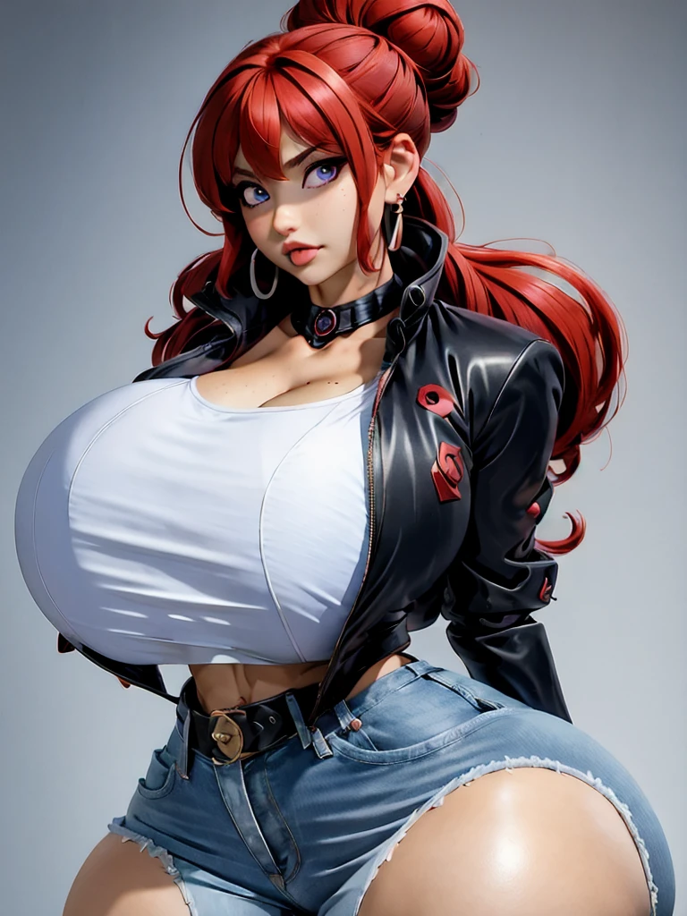 score_9, score_8_up, score_7_up, score_6_up, score_5_up, score_4_up, source_anime, rating_safe, asura \(asurauser\), (cutesexyrobutts:0.55), (sano_toshihide:0.8), hongoutfit, mature female, hongoutfit, 1girl, jewelry, solo, mole under eye, mole, anger vein, necktie, hair bun, single hair bun, red necktie, ring, earrings, crossed arms, shirt, upper body, spoken anger vein, parted lips, sweatdrop, looking at viewer, blush, grey background, jacket, collared shirt, ..., formal, black shirt, simple background, suit, spoken ellipsis, hair ornament, bangs, swept bangs, red hair, huge breasts, purple eyes, black jacket, grey shirt, solo,oppai, oppai proportions, hyperrealistic full figure, thicc, biomechanical oppai, really large bust, large bust, with large breasts
