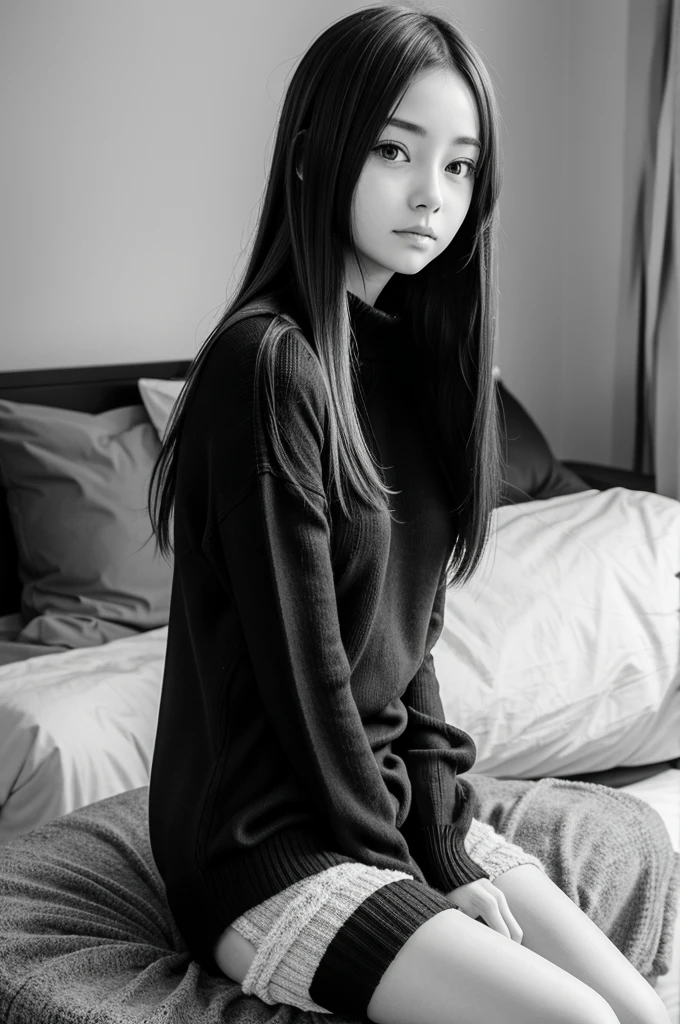 anime girl wearing a knit sweater and shorts, sitting on her left side, her face is covered by her long silky hair, a sad environment, black and white, her face is covered, thin figure