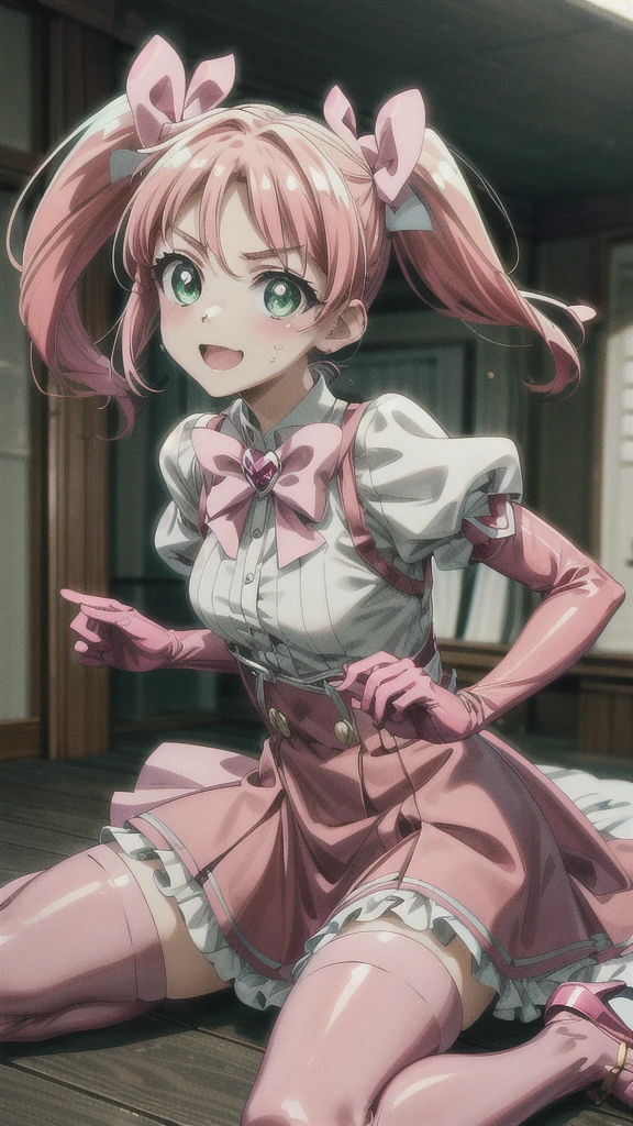 (masterpiece), best quality, (((ultra detailed, 8k quality))), expressive eyes, perfect face, perfect anatomy, perfect body, scene, haruka hanabishi, twintails, (green eyes:1.3), pink hair, smile,  room, wariza, thighhighs, gloves, dress, bow, magical girl, pink gloves,