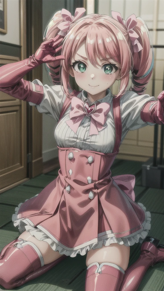 (masterpiece), best quality, (((ultra detailed, 8k quality))), expressive eyes, perfect face, perfect anatomy, perfect body, scene, haruka hanabishi, twintails, (green eyes:1.3), pink hair, smile,  room, wariza, thighhighs, gloves, dress, bow, magical girl, pink gloves,