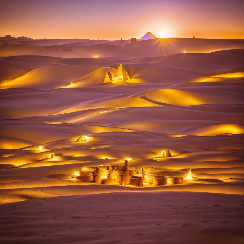 Three large pyramids in their total splendor are illuminated by the light of the constellations on a night in the middle of a large desert with large dunes, the sand feels fine and soft, the colors are a wide variety of earthy.(pyramids larger than those of Egypt) (HD) ((Masterpiece)) ((realist)) ((Photography)) ((Best Quality))