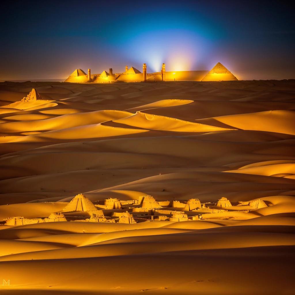 Three large pyramids in their total splendor are illuminated by the light of the constellations on a night in the middle of a large desert with large dunes, the sand feels fine and soft, the colors are a wide variety of earthy.(pyramids larger than those of Egypt) (HD) ((Masterpiece)) ((realist)) ((Photography)) ((Best Quality))