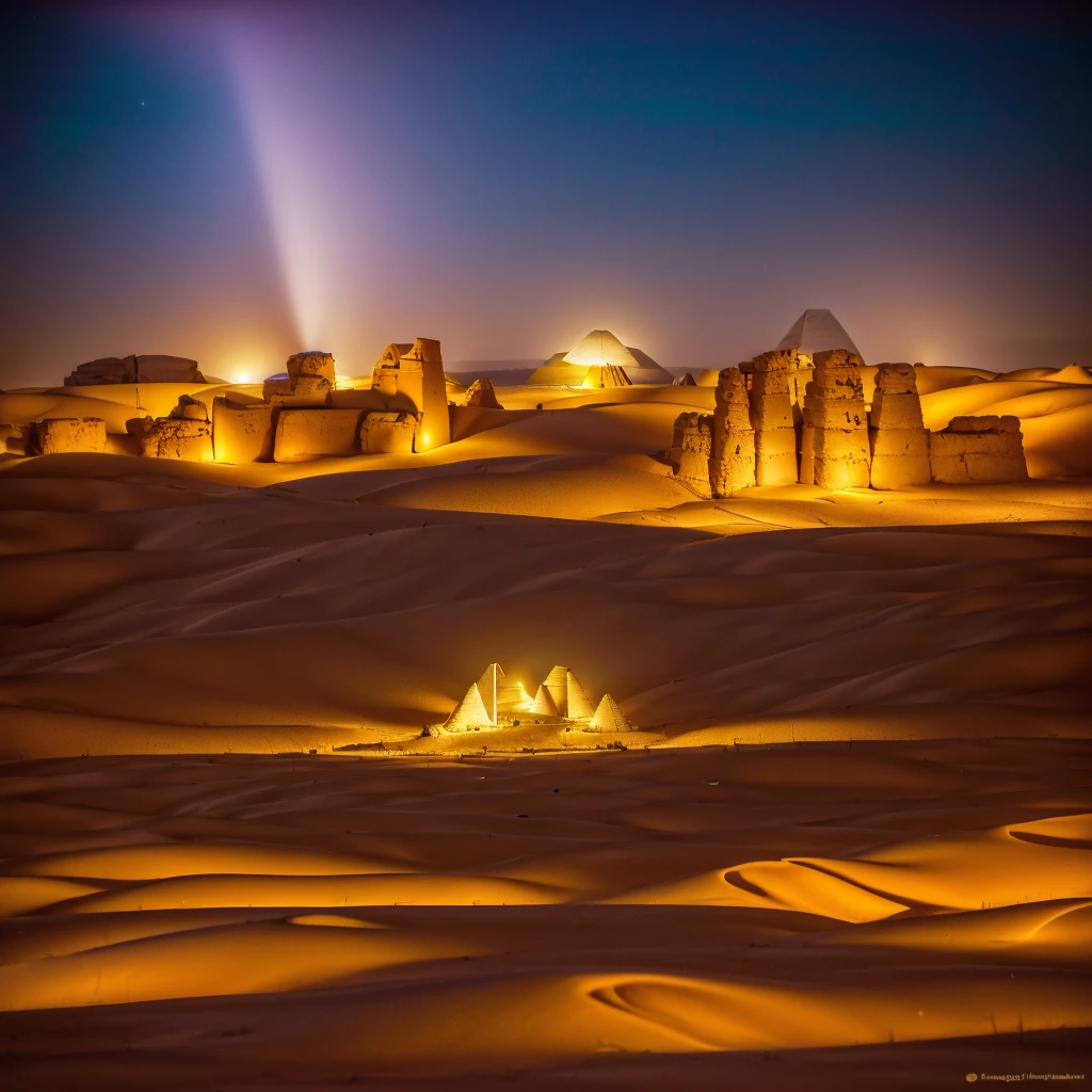 Three large pyramids in their total splendor are illuminated by the light of the constellations on a night in the middle of a large desert with large dunes, the sand feels fine and soft, the colors are a wide variety of earthy.(pyramids larger than those of Egypt) (HD) ((Masterpiece)) ((realist)) ((Photography)) ((Best Quality))