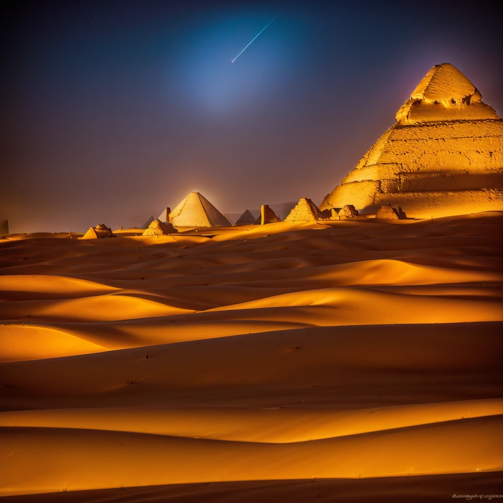 Three large pyramids in their total splendor are illuminated by the light of the constellations on a night in the middle of a large desert with large dunes, the sand feels fine and soft, the colors are a wide variety of earthy.(pyramids larger than those of Egypt) (HD) ((Masterpiece)) ((realist)) ((Photography)) ((Best Quality))