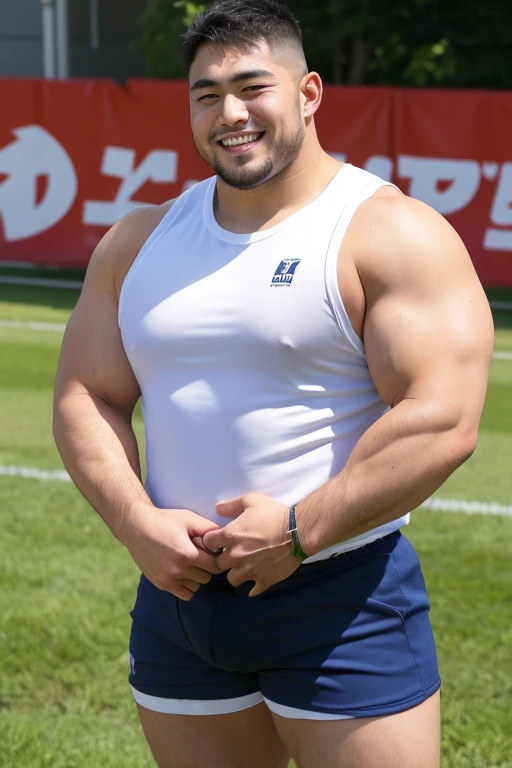 ((highest quality)), ((masterpiece)), (detailed), ((Perfect Face)), 4k, Shaved head, Young Japanese, Muscular, Fat body, Very big man, smile, ((showing off crotch)) A large Japanese man topless、whole body、Rugby last week、Thick legs、Thick arm muscles、Intimidating、whole body、wearing a very tight white T-back