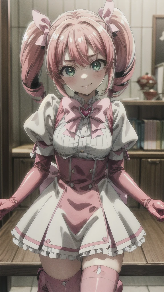 (masterpiece), best quality, (((ultra detailed, 8k quality))), expressive eyes, perfect face, perfect anatomy, perfect body, scene, haruka hanabishi, twintails, (green eyes:1.3), pink hair, smile,  room, wariza, thighhighs, gloves, dress, bow, magical girl, pink gloves,