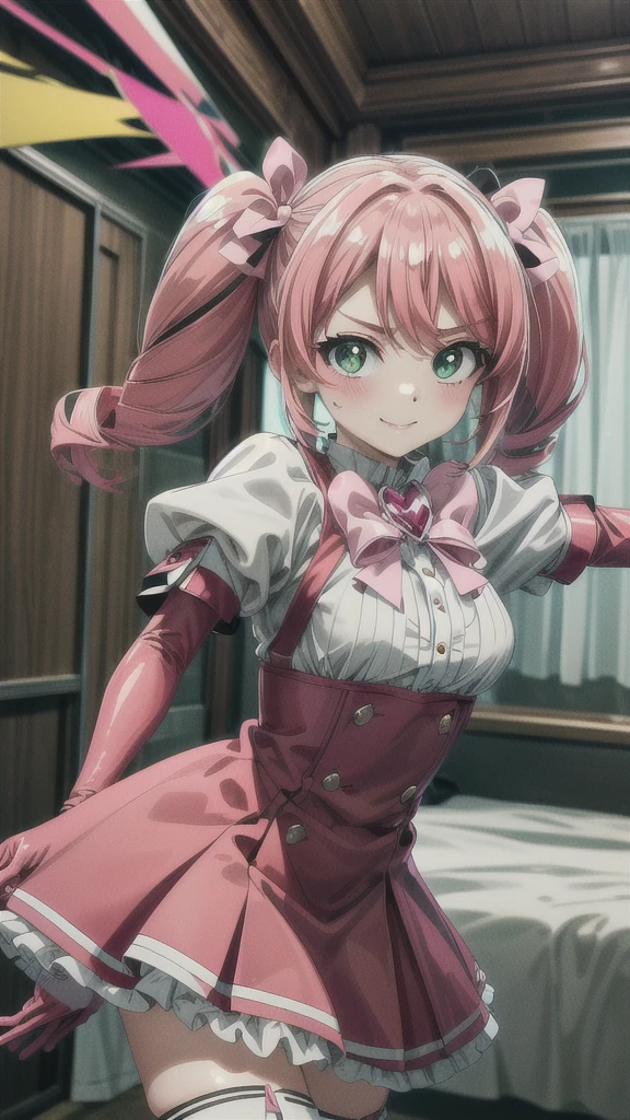 (masterpiece), best quality, (((ultra detailed, 8k quality))), expressive eyes, perfect face, perfect anatomy, perfect body, scene, haruka hanabishi, twintails, (green eyes:1.3), pink hair, smile,  room, wariza, thighhighs, gloves, dress, bow, magical girl, pink gloves,