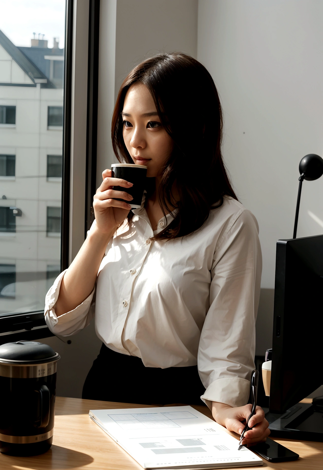 s Office、by the window、illustration, coffee on the desk, monitor