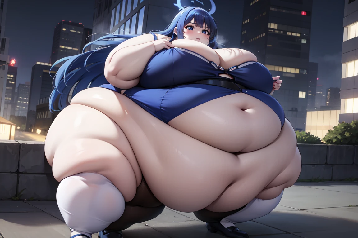 saori joumae, blue eyes, blue hair, halo, long hair, night, wide hips, thick thighs, NSFW:1.3, WeightImmobile, city, outdoors, people, full body