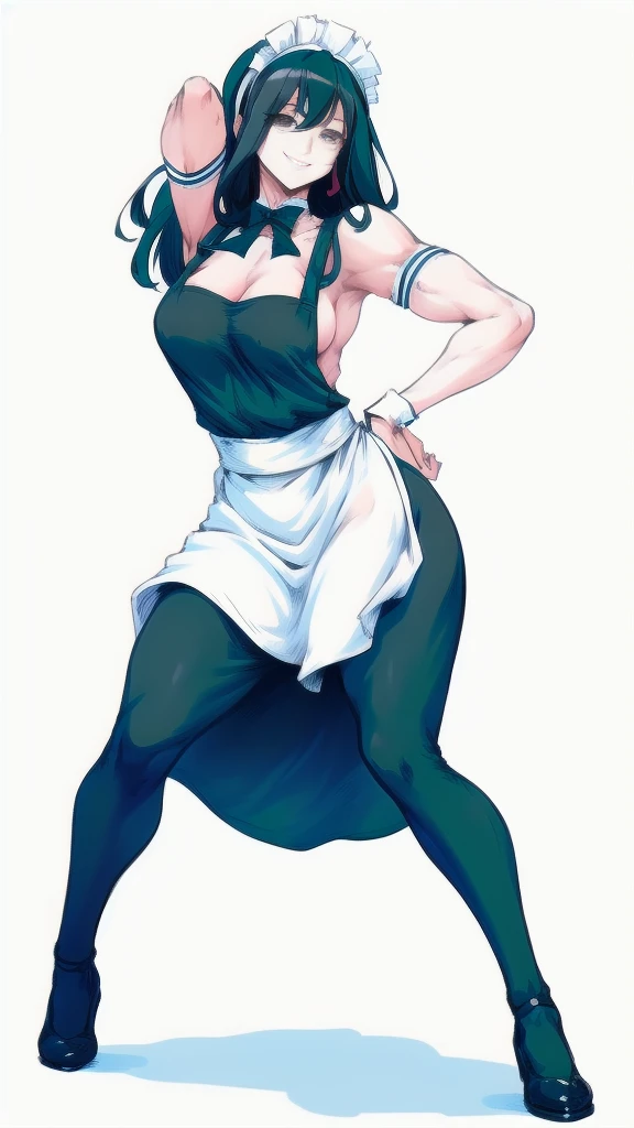 Full body image of Misaki Ayuzawa from Maid Sama!, full body in image, wearing her original maid outfit (black and white maid dress with a white apron and headband), long black hair, female body, slender and athletic body, dynamic pose, detailed pose, simple background, expressive face showing a confident smile, focus on face, line art, sketch