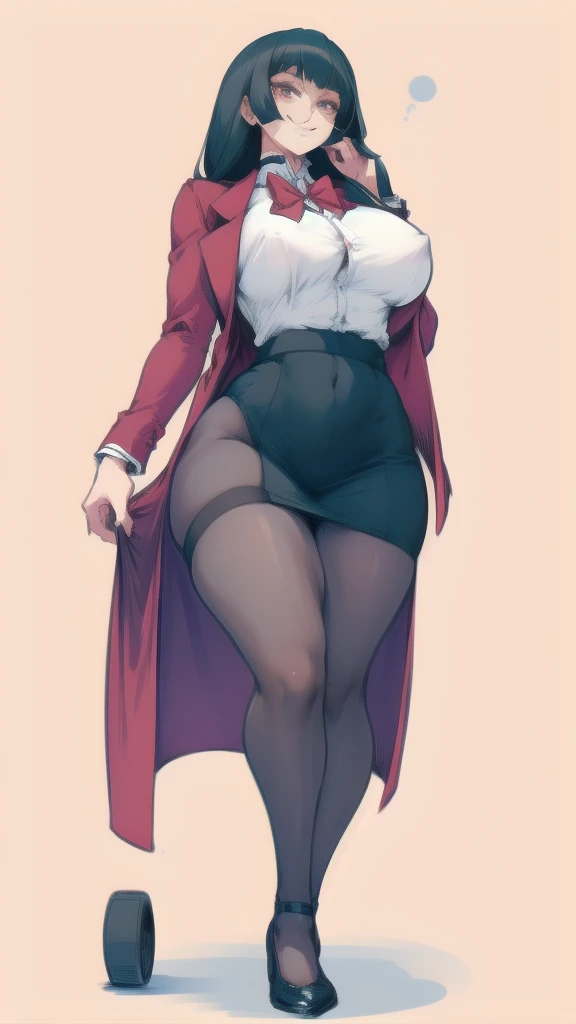 Full body image of Yumeko Jabami from Kakegurui, full body in image, wearing her original outfit (Hyakkaou Private Academy uniform with a red blazer, black skirt, and white shirt with a bowtie), long black hair, female body, slender and curvy body, dynamic pose, detailed pose, simple background, expressive face showing an excited smile, focus on face, line art, sketch