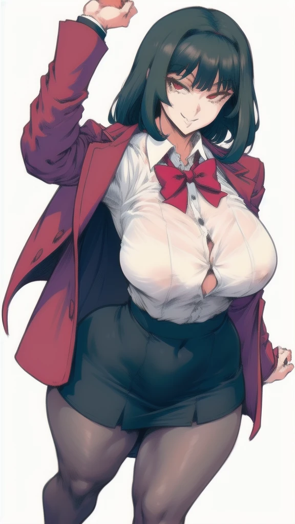 Full body image of Yumeko Jabami from Kakegurui, full body in image, wearing her original outfit (Hyakkaou Private Academy uniform with a red blazer, black skirt, and white shirt with a bowtie), long black hair, female body, slender and curvy body, dynamic pose, detailed pose, simple background, expressive face showing an excited smile, focus on face, line art, sketch