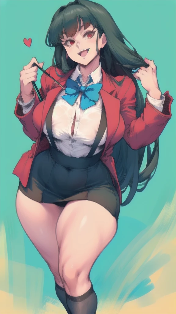 Full body image of Yumeko Jabami from Kakegurui, full body in image, wearing her original outfit (Hyakkaou Private Academy uniform with a red blazer, black skirt, and white shirt with a bowtie), long black hair, female body, slender and curvy body, dynamic pose, detailed pose, simple background, expressive face showing an excited smile, focus on face, line art, sketch