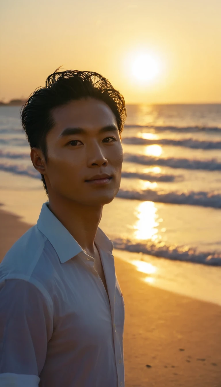 portrait of cpchann on a beach with the sun in the background, super quality, 4K, filmed by camera, sunset, cinematic photos