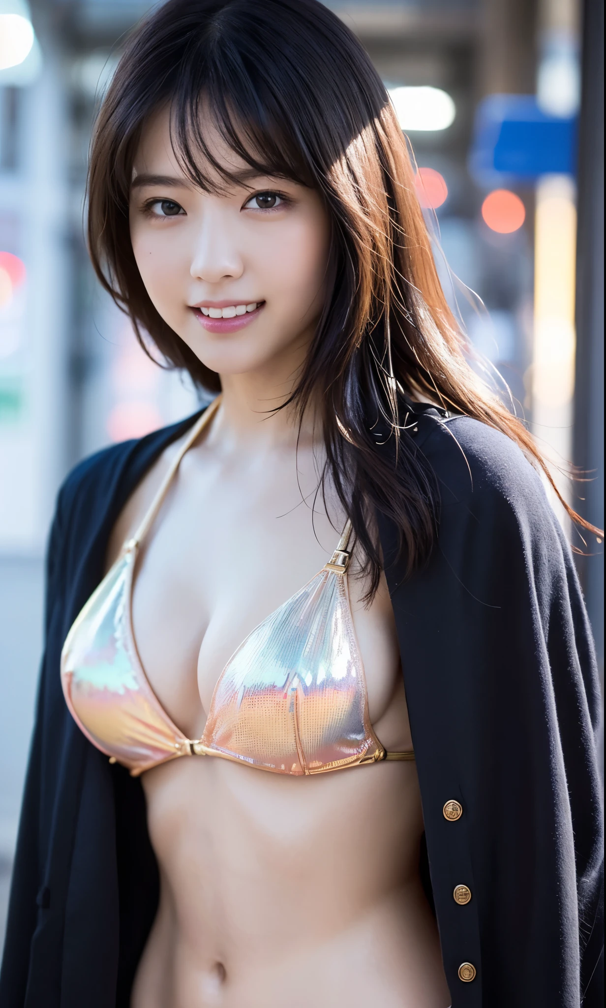 realistic, high quality, a bikini girl walking on street, Detailed iridescent bodysuit with beautiful fractal or marble design:1.5, , beautiful face, beautiful lips, golden long hair, high quality, insane details, professional lighting, cool pose, cinematic, 8k wallpaper, smiling, sharp