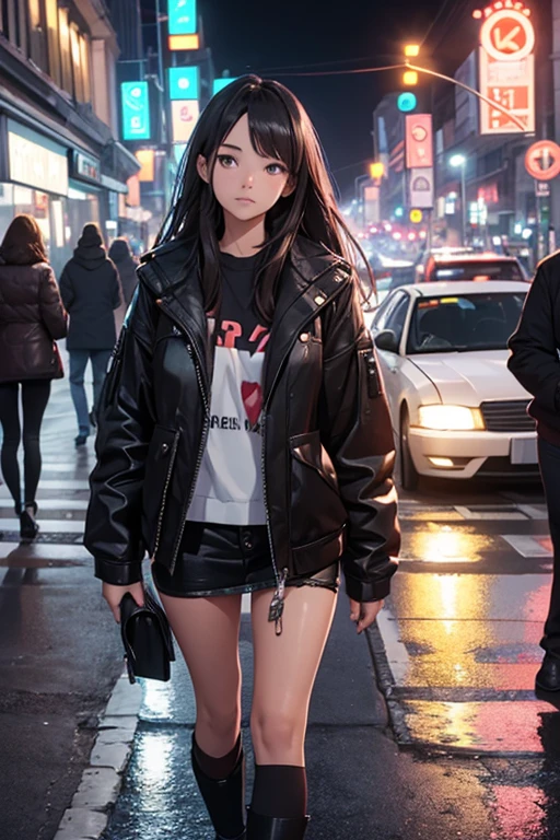 A 22 year old woman in a city in the middle of the street at night