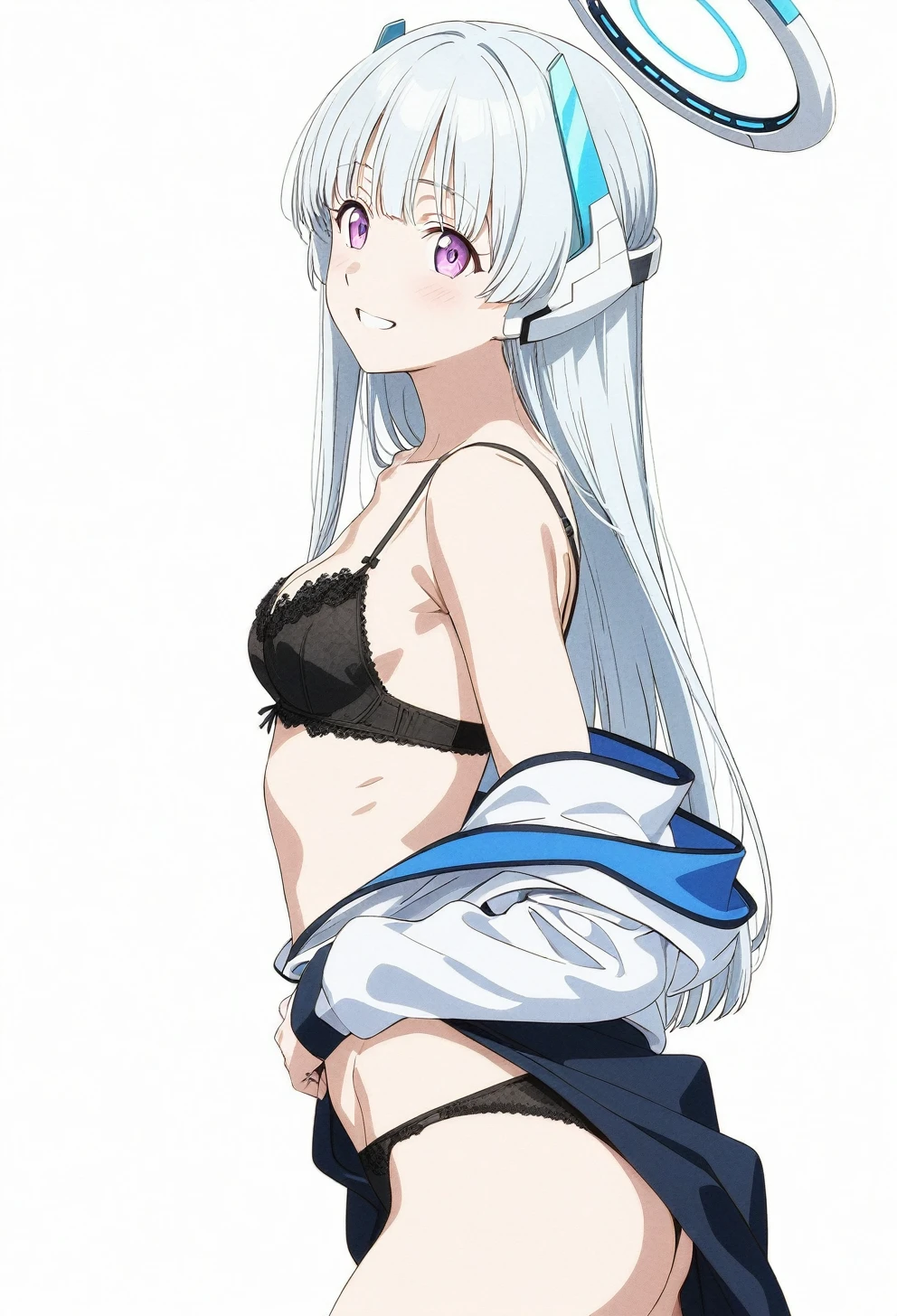 best quality, amazing quality, very aesthetic, absurdres, (1girl, noa, blue archive, solo, purpel eyes, white hair), (realistic face:0.9),(lace-trimmed bra:1.8),dress lift, (grin, blush, thigh:1.3), (cowboy shot), (glistening eyes), (from side:2), (official art:1.3), (panties around one leg), expressive eyes, perfect face, extremely detailed eyes, perfect anatomy, smooth skin, (simple background:1.5), clear eyes, beautiful face, small breasts,(anime style:1.7), (Warm Light:1.5), (highres:2),