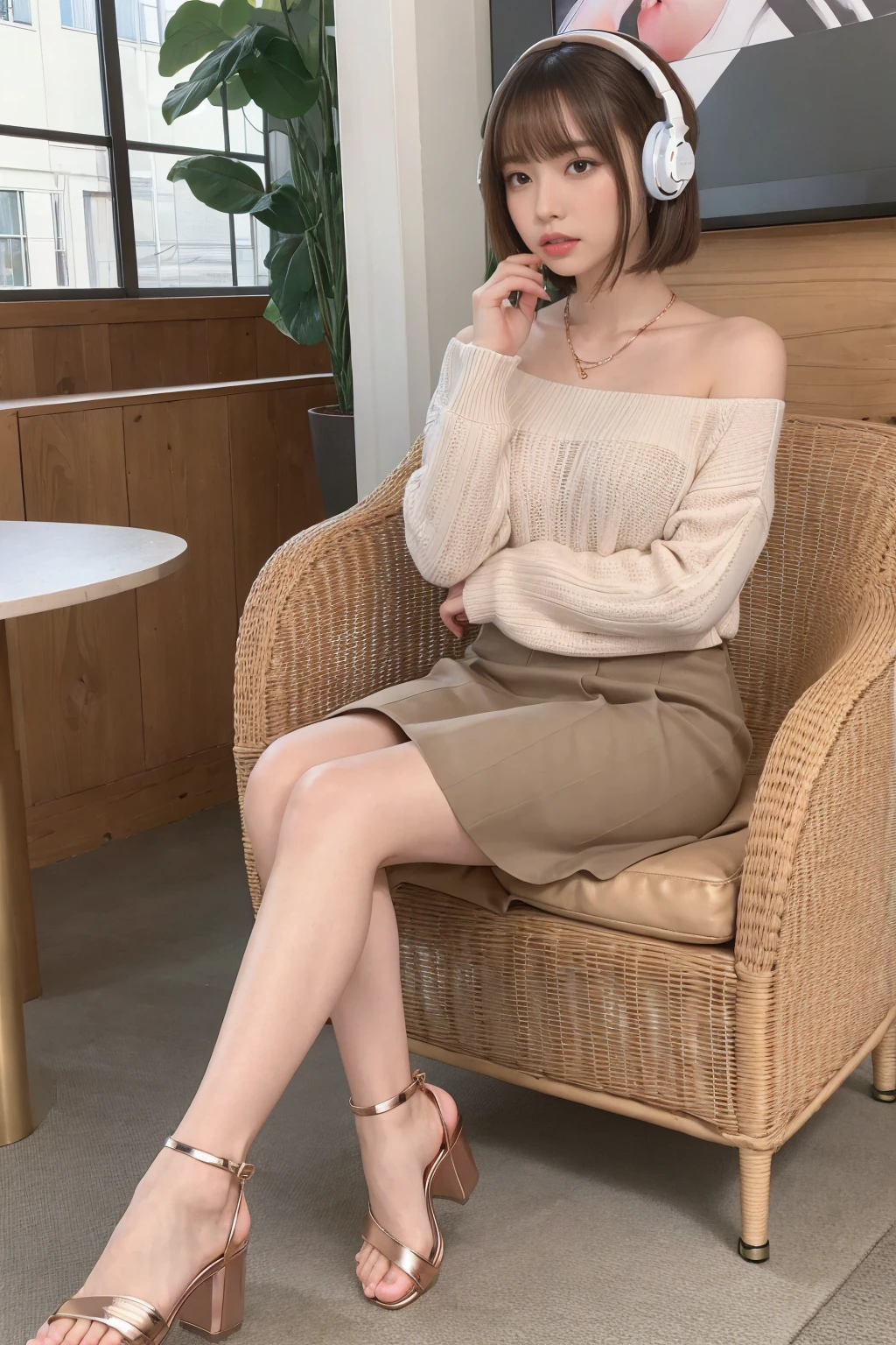 (Headphones:1.4), (1 female), Short bob, 28 years old, Japanese, Brown eyes, Brown hair, Slim figure, Flat chest, Rosy cheeks, Blushing face,
BREAK
//FASHION
Tech-savvy fashionista
This outfit is designed for the tech-savvy modern woman who likes to be constantly connected to the internet. The key piece is a pair of on-trend rose gold wireless in-ear headphones paired with a casual yet chic outfit. The top is a fitted off-the-shoulder knit sweater in soft pastel pink tucked into a floral high-waisted pleated midi skirt.
BREAK
The shoes are low-heeled strappy sandals perfect for going out. Accessories include a rose gold smartwatch, a delicate layered necklace. To complete the look, wear this effortlessly chic outfit perfect for a day at the park or coffee shop.
BREAK