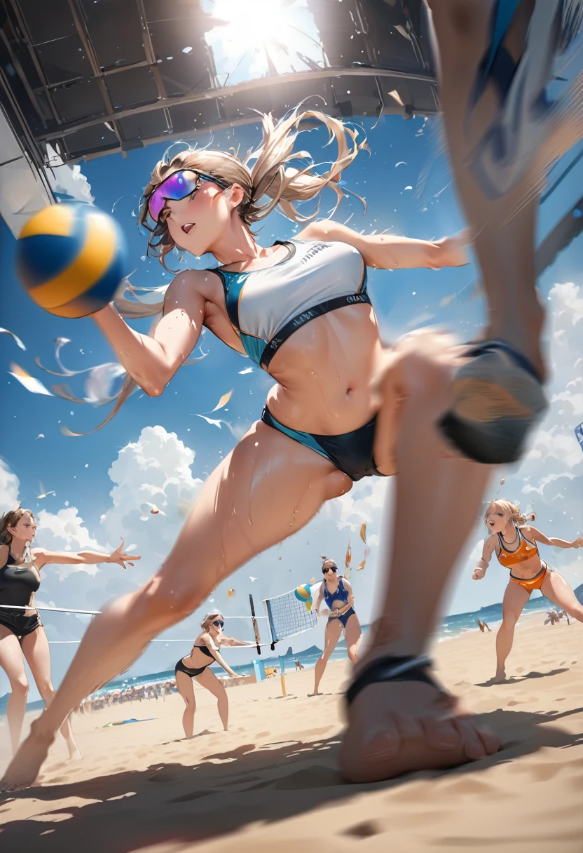 Girl is playing volleyball on sand with ball in the air, female beach volleyball player, Volleyball receiving posture, beach volleyball uniform swimwear, sports sunglasses, Barefoot, The sand on the beach is flying up, scattering sweat, Dynamic Motion Blur, A low-angle view, (Highest quality,4K,8K,High resolution,masterpiece:1.2), Beach volleyball match venue, Very detailed, hyper Realistic, Professional photography, Cinema Lighting, Dynamic action scenes, Wonderful landscape