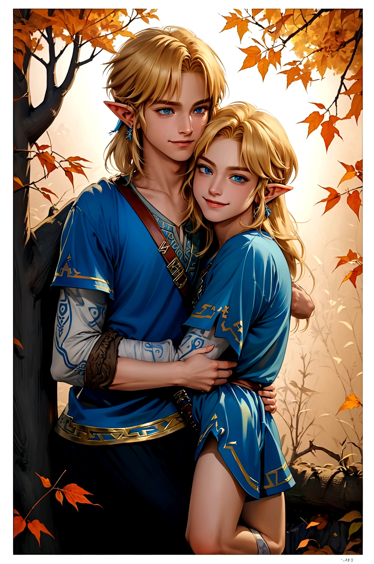 ((artwork)), (Highest quality), (detailed), ((1 boy)), (Link to the Legend of Zelda), smile, A short-haired, blue-eyed boy and a long-haired, blonde girl are hugging each other, Autumn leaves, Bright colors、Embrace each other、Love each other
