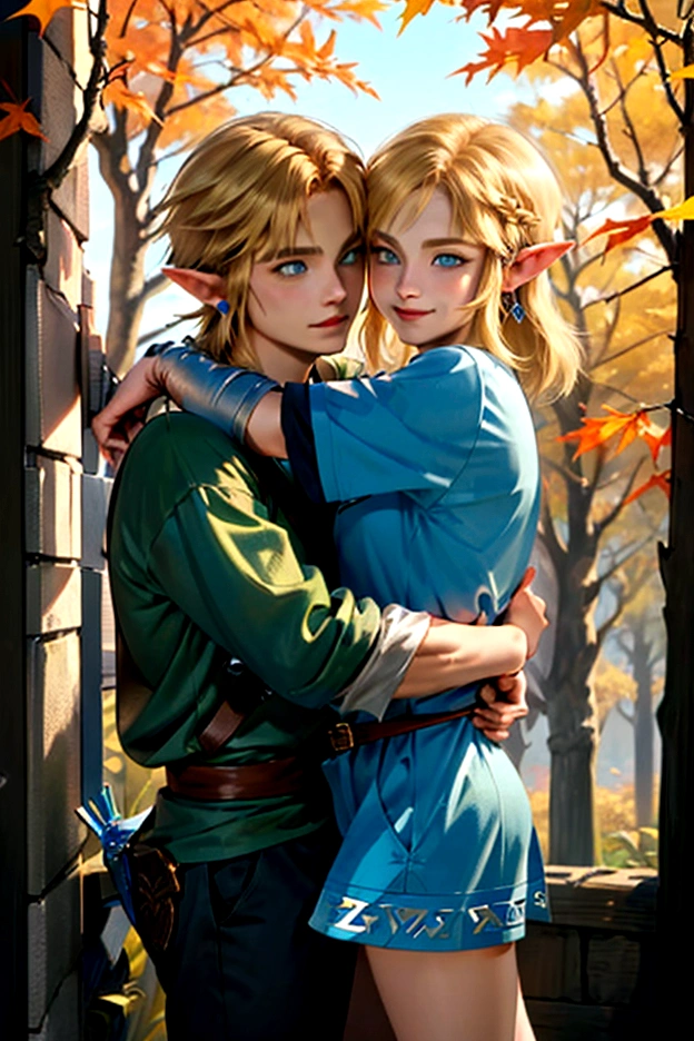 ((artwork)), (Highest quality), (detailed), ((1 boy)), (Link to the Legend of Zelda), smile, A short-haired, blue-eyed boy and a long-haired, blonde girl are hugging each other, Autumn leaves, Bright colors、Embrace each other、Love each other