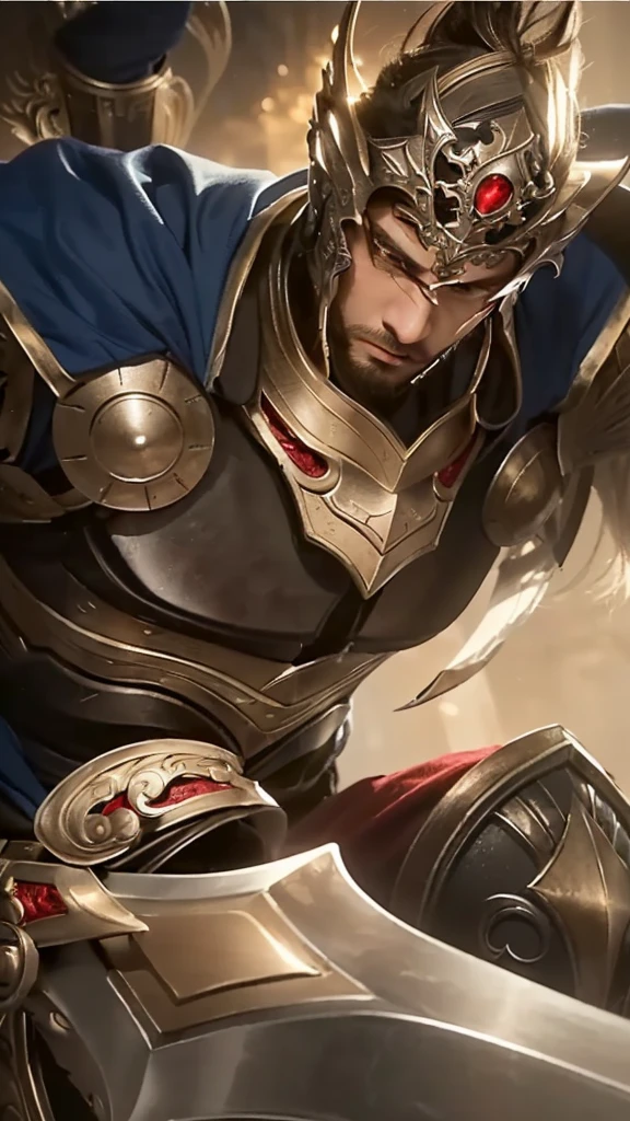 a close up of a man in armor holding a sword, detailed armor, highly detailed facial features, piercing gaze, chiseled jaw, brooding expression, intricate sword hilt, ornate sword blade, dramatic lighting, cinematic composition, dark fantasy, muted color palette, moody atmosphere
