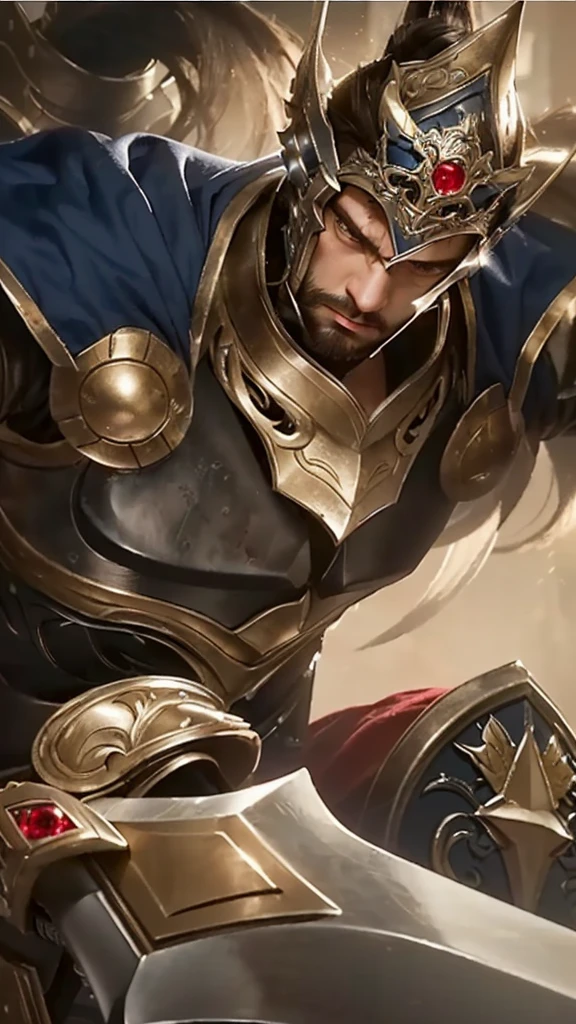 a close up of a man in armor holding a sword, detailed armor, highly detailed facial features, piercing gaze, chiseled jaw, brooding expression, intricate sword hilt, ornate sword blade, dramatic lighting, cinematic composition, dark fantasy, muted color palette, moody atmosphere