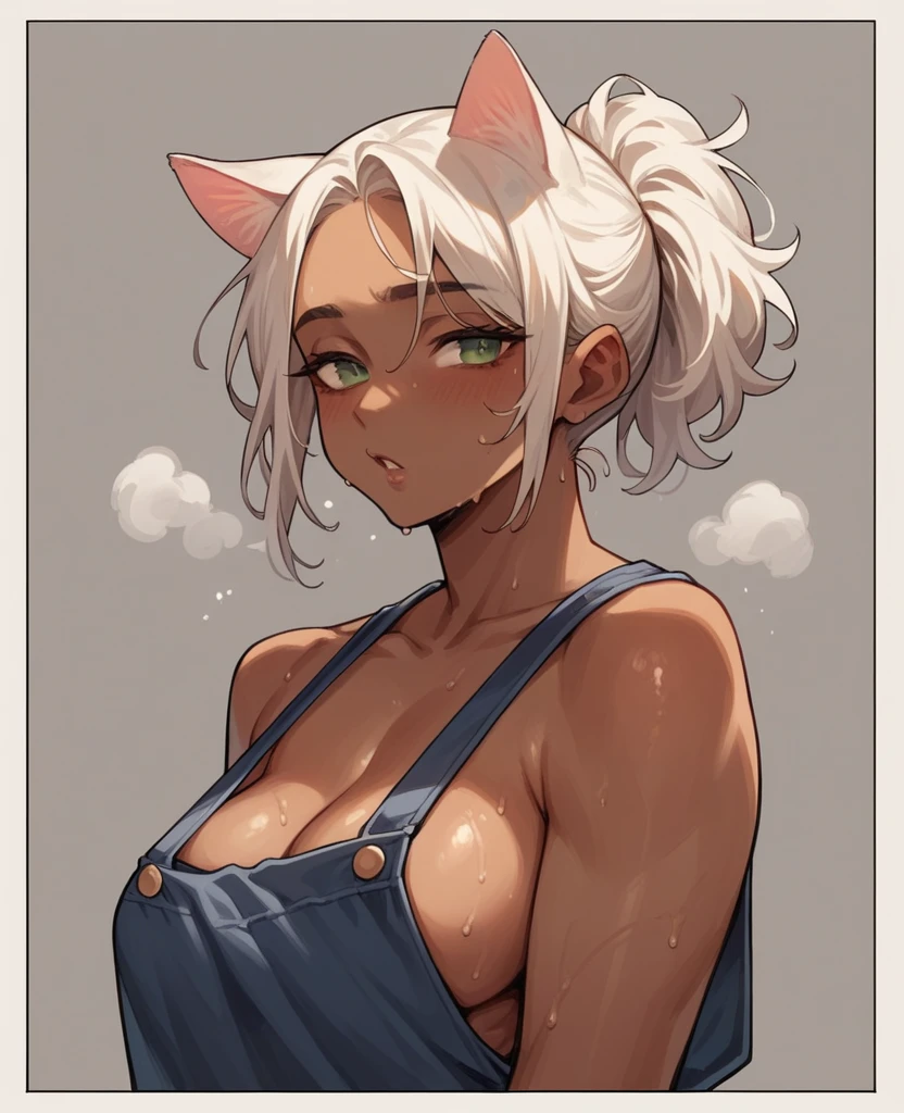 dark skin woman,white hair,cat ears,big sweaty ,Farmer,Grinning
