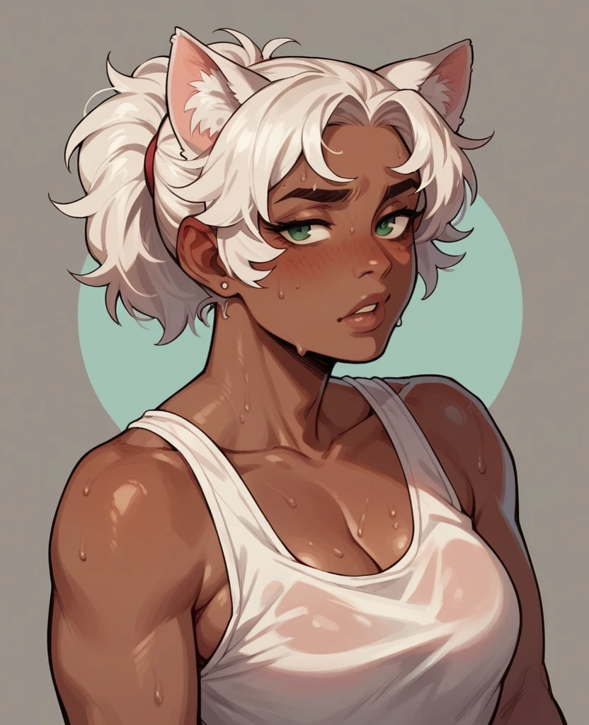 dark skin woman,white hair,cat ears,big sweaty ,Farmer,Grinning