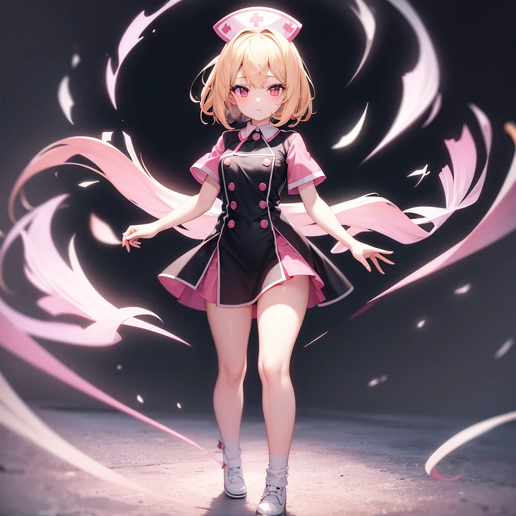 ((nurse)),((Pale pink clothes)),(mini skirt),Cute little ,Tiny ,Small girl,,Childish face, Very fine clean face,Top quality,Straight Hair,Yellow hair,(Dark Room), Subtle light, Natural light,Soft lighting,Light from directly behind,(Open your hands), (Are standing),Front view,Black background