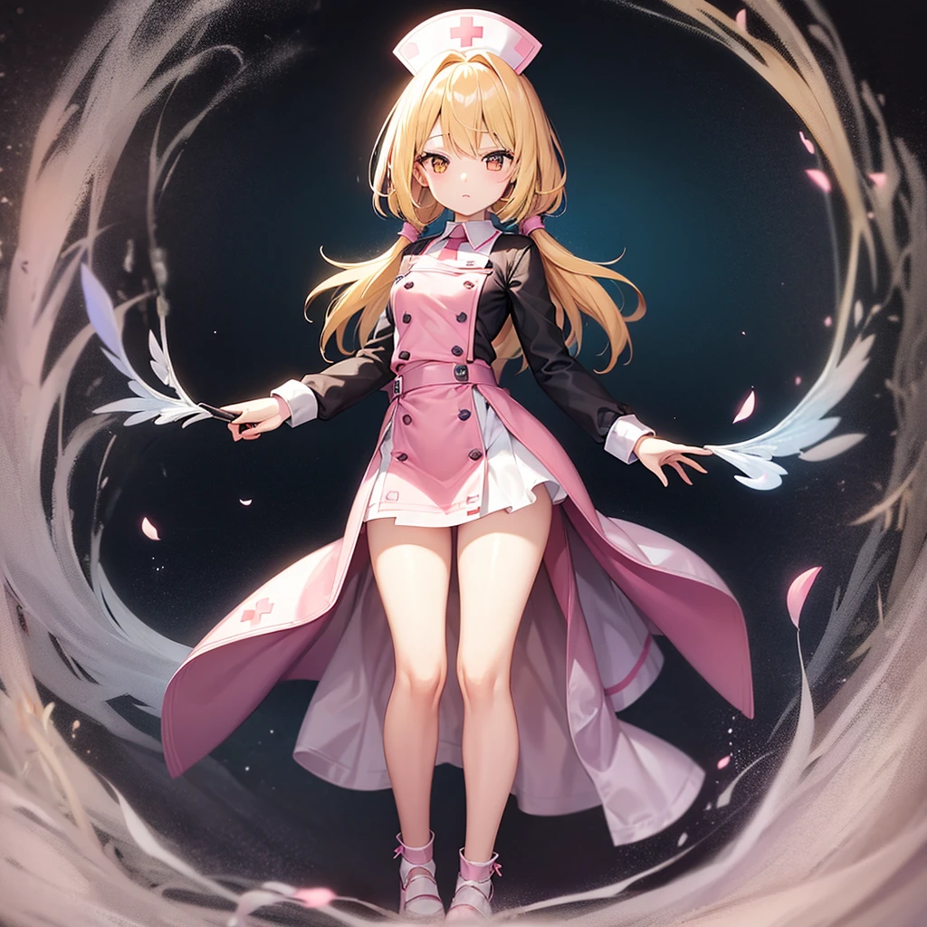 ((nurse)),((Pale pink clothes)),(mini skirt),Cute little ,Tiny ,Small girl,,Childish face, Very fine clean face,Top quality,Straight Hair,Yellow hair,(Dark Room), Subtle light, Natural light,Soft lighting,Light from directly behind,(Open your hands), (Are standing),Front view,Black background