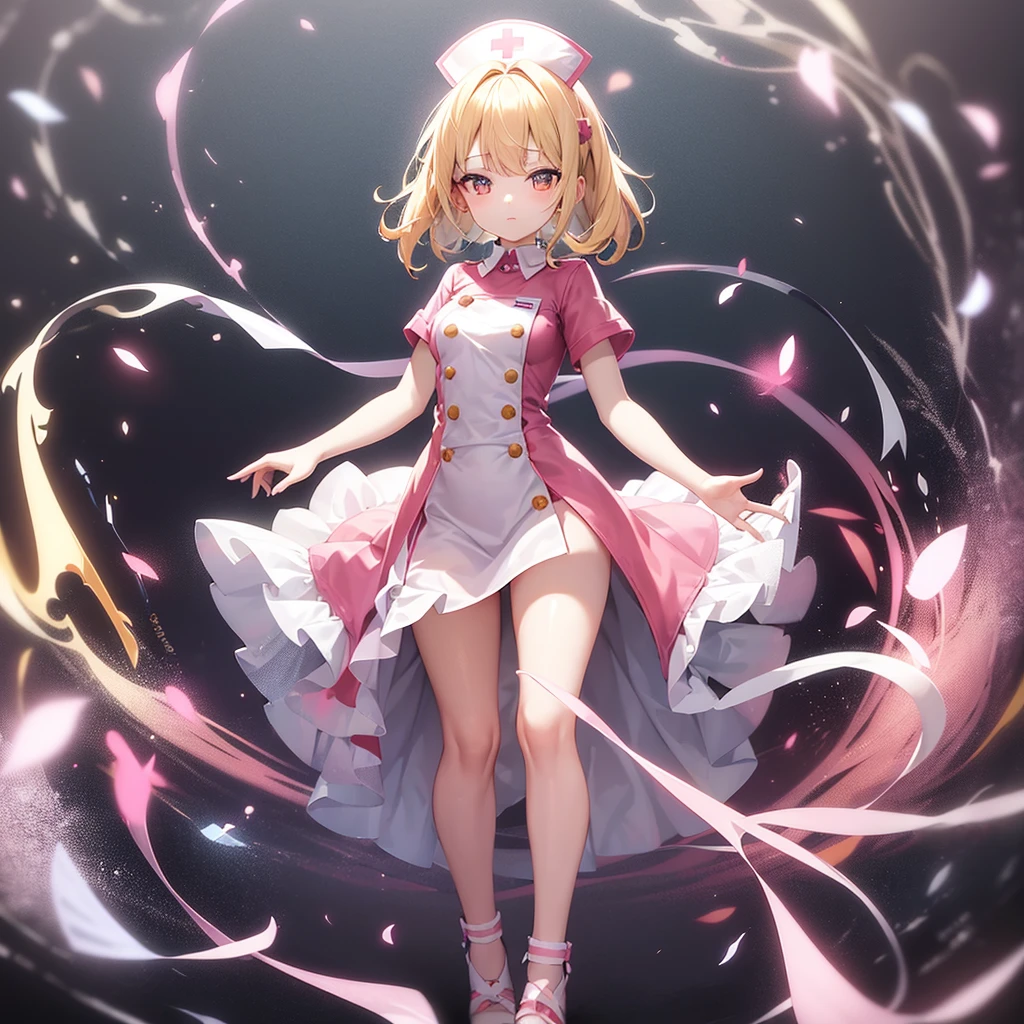 ((nurse)),((Pale pink clothes)),(mini skirt),Cute little ,Tiny ,Small girl,,Childish face, Very fine clean face,Top quality,Straight Hair,Yellow hair,(Dark Room), Subtle light, Natural light,Soft lighting,Light from directly behind,(Open your hands), (Are standing),Front view,Black background