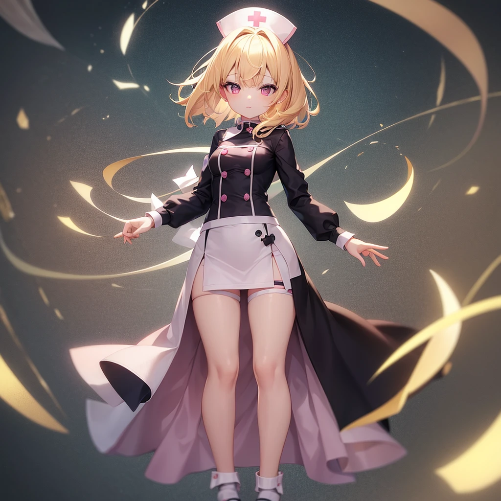 ((nurse)),((Pale pink clothes)),(mini skirt),Cute little ,Tiny ,Small girl,,Childish face, Very fine clean face,Top quality,Straight Hair,Yellow hair,(Dark Room), Subtle light, Natural light,Soft lighting,Light from directly behind,(Open your hands), (Are standing),Front view,Black background