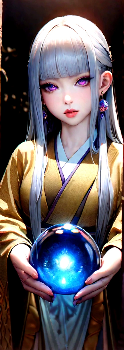 (masterpiece, Highest quality, 1 female, alone, Exquisite detail, chromatic aberration), (Realistic), (skin), ((breathe)), (Silver Hair, Blunt bangs, short straight long hair, Short bangs, Silver Hair), Beautiful Hair, Red headdress, Blue Highlights, Hair on one eye, Cute eyes, Purple eyes, Thick lips, Earrings, Sharp Eye, ((Gold and white kimono)), ((Symmetrical eyes)), ((Perfectly symmetrical body)), ((Perfectly symmetrical hands)), (PurerosFace_v1:0.3), night, ((Own, Natural light))), Bright lighting, Flowers Blooming in the background, In front of the audience, ((Central Shot, from the front, (Face and shoulders))), Mysterious atmosphere, Flowers Blooming around, Light color background, fortune teller in kimono, beautiful fortune teller, fortune teller, fantasy female fortune teller, female fortune teller, f Fantasy Photography, magician, witch fairytale, Japanese style, Elegant cinematic fantasy art, Fantasy Woman, magicianの肖像画, Casting a Spell, fortune teller, A powerful wizard creates a mystical colorful flower々standing between, Fluttering robes decorated with symbols, Holding a glowing heart crystal ball, Eyes glowing with mystical energy, The spell that escapes from his mouth, Vibrant swirls of black magic appear in the air, pulsating with rainbow hues., The magic permeates, Flowers Bloom, Sacred creatures gaze upon with awe, Threads of magical energy dance, Uncover hidden areas, Uncovering the secrets, Capture the essence of this enchanting moment、Highest qualityのキャンバスに魔術の神秘的な力を生き生きと表現しています。. Highest quality, masterpiece, Ultra High resolution, (PhotoRealistic: 1.4), RAW Photos, Sharp focus, High resolution, 詳細なskin.