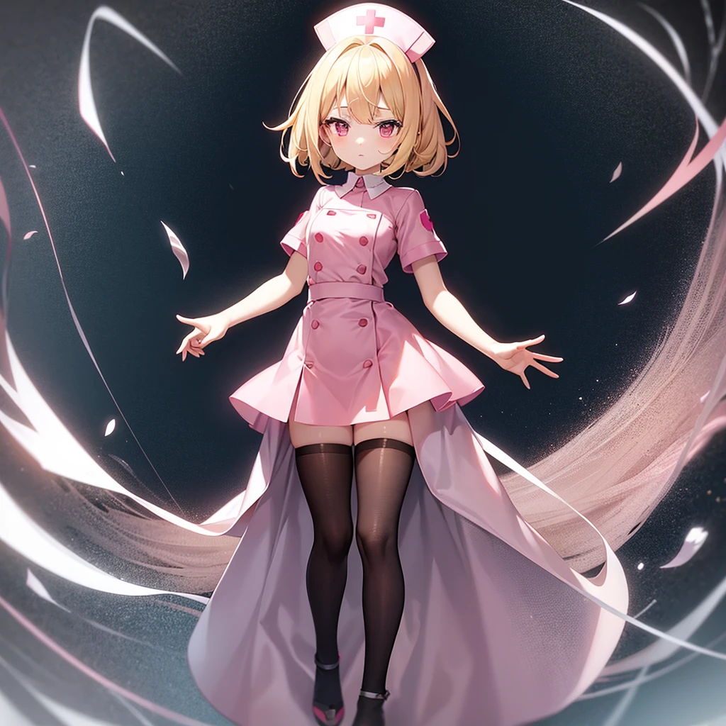 ((nurse)),((Pale pink clothes)),(mini skirt),Cute little ,Tiny ,Small girl,,Childish face, Very fine clean face,Top quality,Straight Hair,Yellow hair,(Dark Room), Subtle light, Natural light,Soft lighting,Light from directly behind,(Open your hands), (Are standing),Front view,Black background