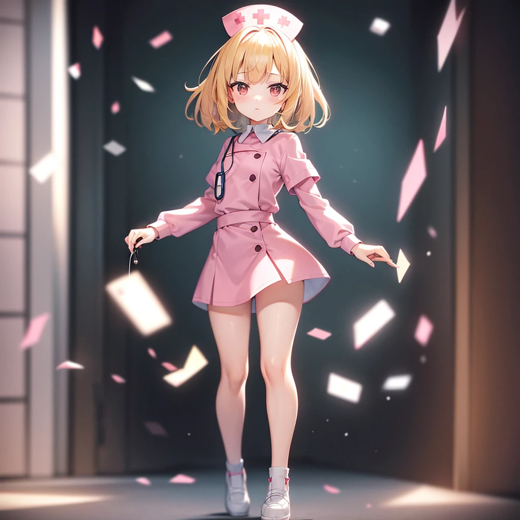 ((nurse)),((Pale pink clothes)),(mini skirt),Cute little ,Tiny ,Small girl,,Childish face, Very fine clean face,Top quality,Straight Hair,Yellow hair,(Dark Room), Subtle light, Natural light,Soft lighting,Light from directly behind,(Open your hands), (Are standing),Front view,Black background