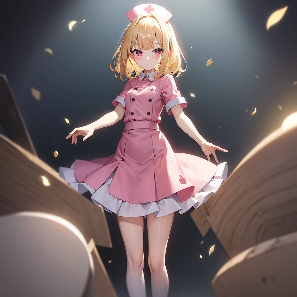 ((nurse)),((Pale pink clothes)),(mini skirt),Cute little ,Tiny ,Small girl,,Childish face, Very fine clean face,Top quality,Straight Hair,Yellow hair,(Dark Room), Subtle light, Natural light,Soft lighting,Light from directly behind,(Open your hands), (Are standing),Front view,Black background