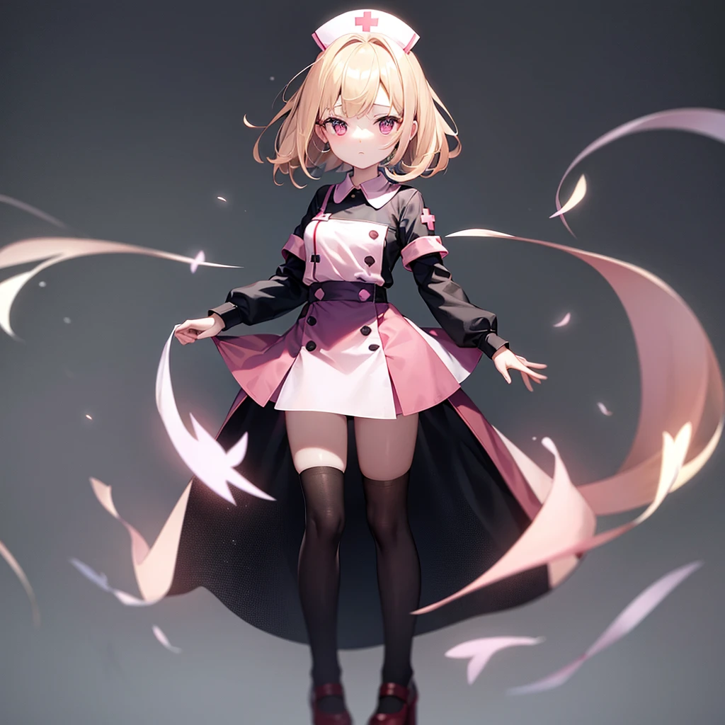 ((nurse)),((Pale pink clothes)),(mini skirt),Cute little ,Tiny ,Small girl,,Childish face, Very fine clean face,Top quality,Straight Hair,Yellow hair,(Dark Room), Subtle light, Natural light,Soft lighting,Light from directly behind,(Open your hands), (Are standing),Front view,Black background