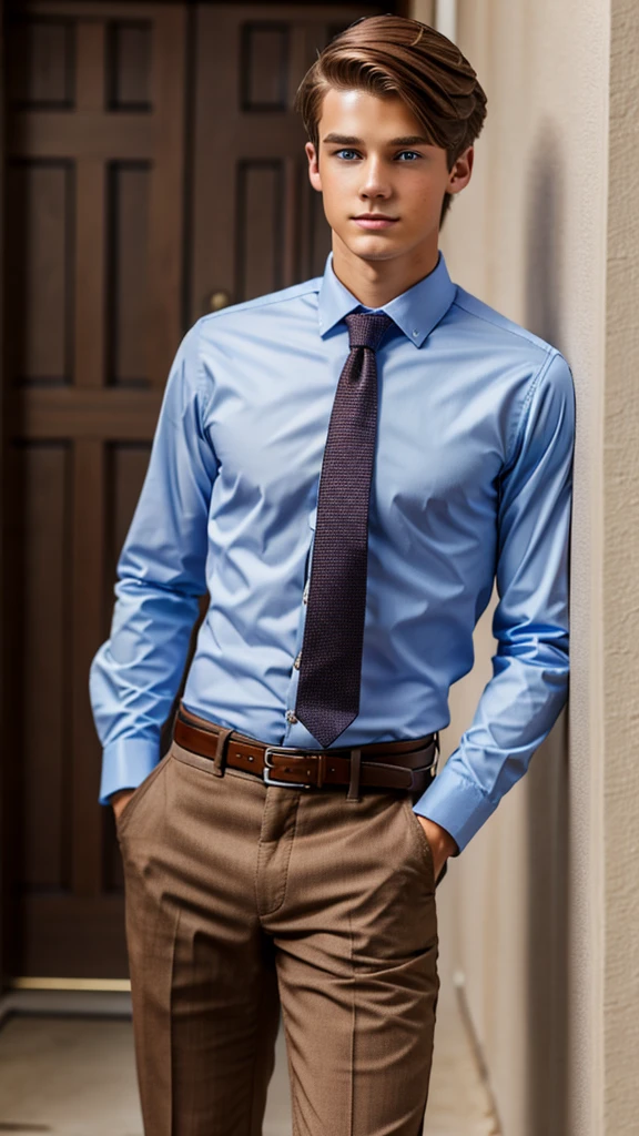 19 year old male wearing tie and lomg sleveed button up with belt and tucked in
4K HIGH REZ 

Physical Description: Brown colored hair and skinny build. 5"5 and 150 LB. Blue eyes. 

.