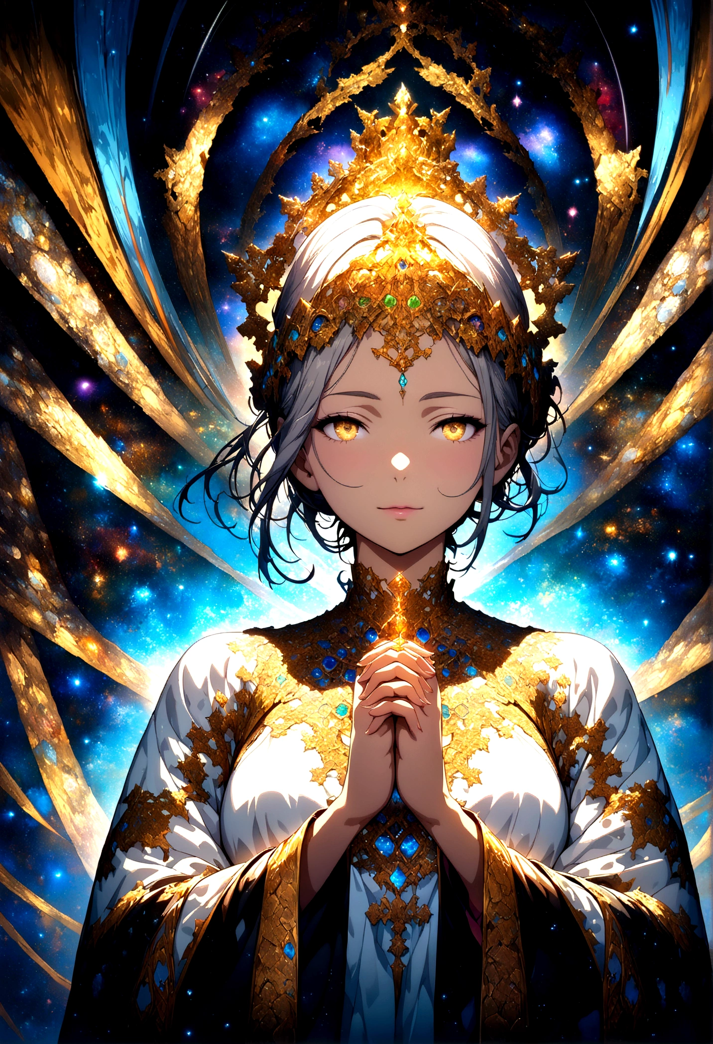 (masterpiece, top quality, best quality, official art, beautiful and aesthetic: 1.2), (woman), extremely detailed, (fractal art: 1.3), colorful, highest detail, perfect face, upper body, HDR, (praying: 1.3), (white layer gold lines: 1.2), galaxy, (light streaks), eye-catching images, (dynamic streaks, luminous trails: 1.2), vibrant colors