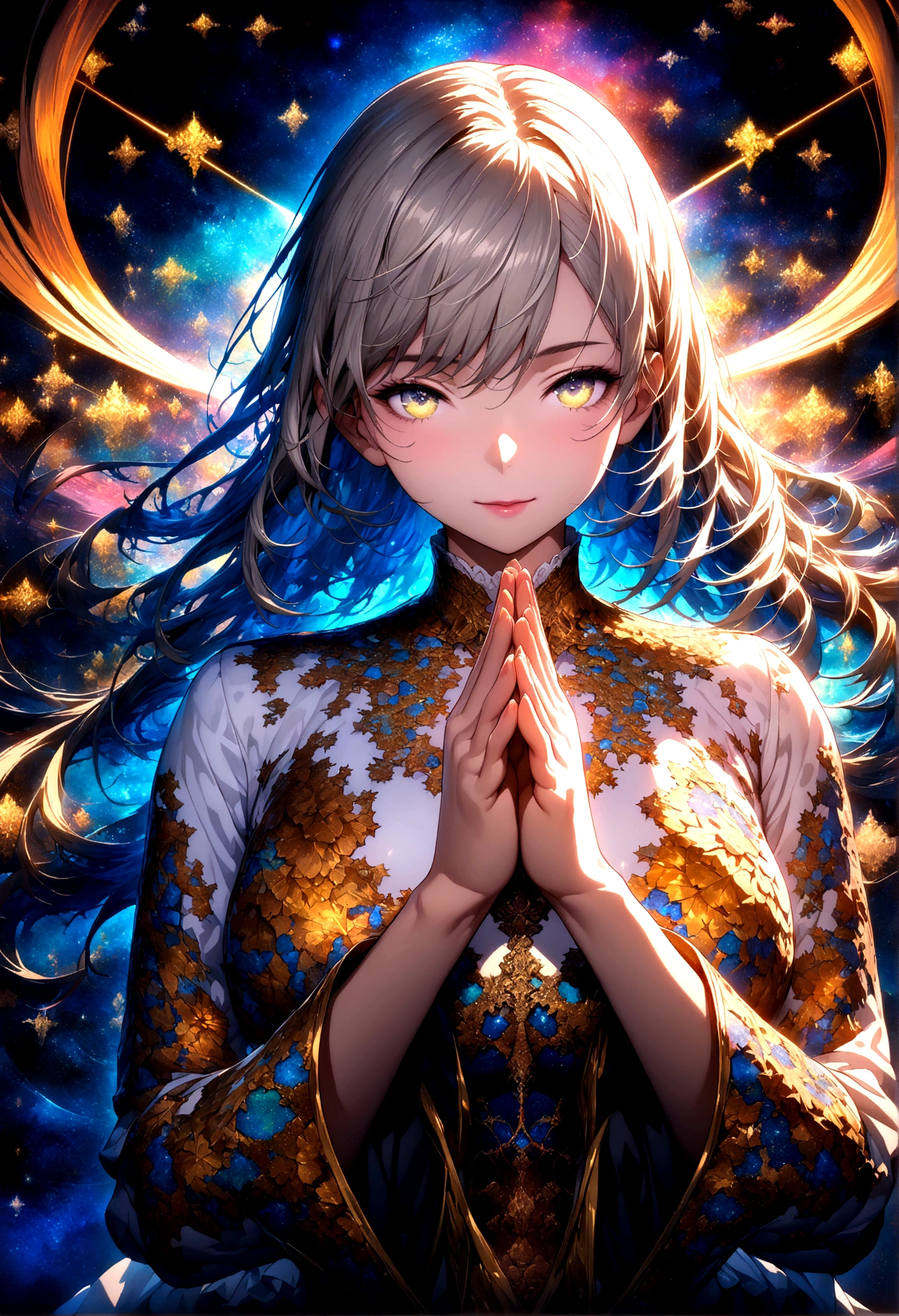 (masterpiece, top quality, best quality, official art, beautiful and aesthetic: 1.2), (woman), extremely detailed, (fractal art: 1.3), colorful, highest detail, perfect face, upper body, HDR, (praying: 1.3), (white layer gold lines: 1.2), galaxy, (light streaks), eye-catching images, (dynamic streaks, luminous trails: 1.2), vibrant colors