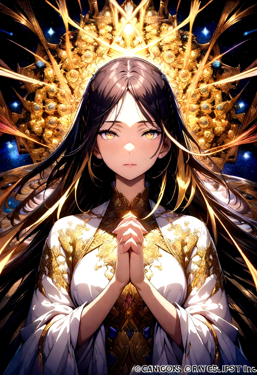 (masterpiece, top quality, best quality, official art, beautiful and aesthetic: 1.2), (woman), extremely detailed, (fractal art: 1.3), colorful, highest detail, perfect face, upper body, HDR, (praying: 1.3), (white layer gold lines: 1.2), galaxy, (light streaks), eye-catching images, (dynamic streaks, luminous trails: 1.2), vibrant colors