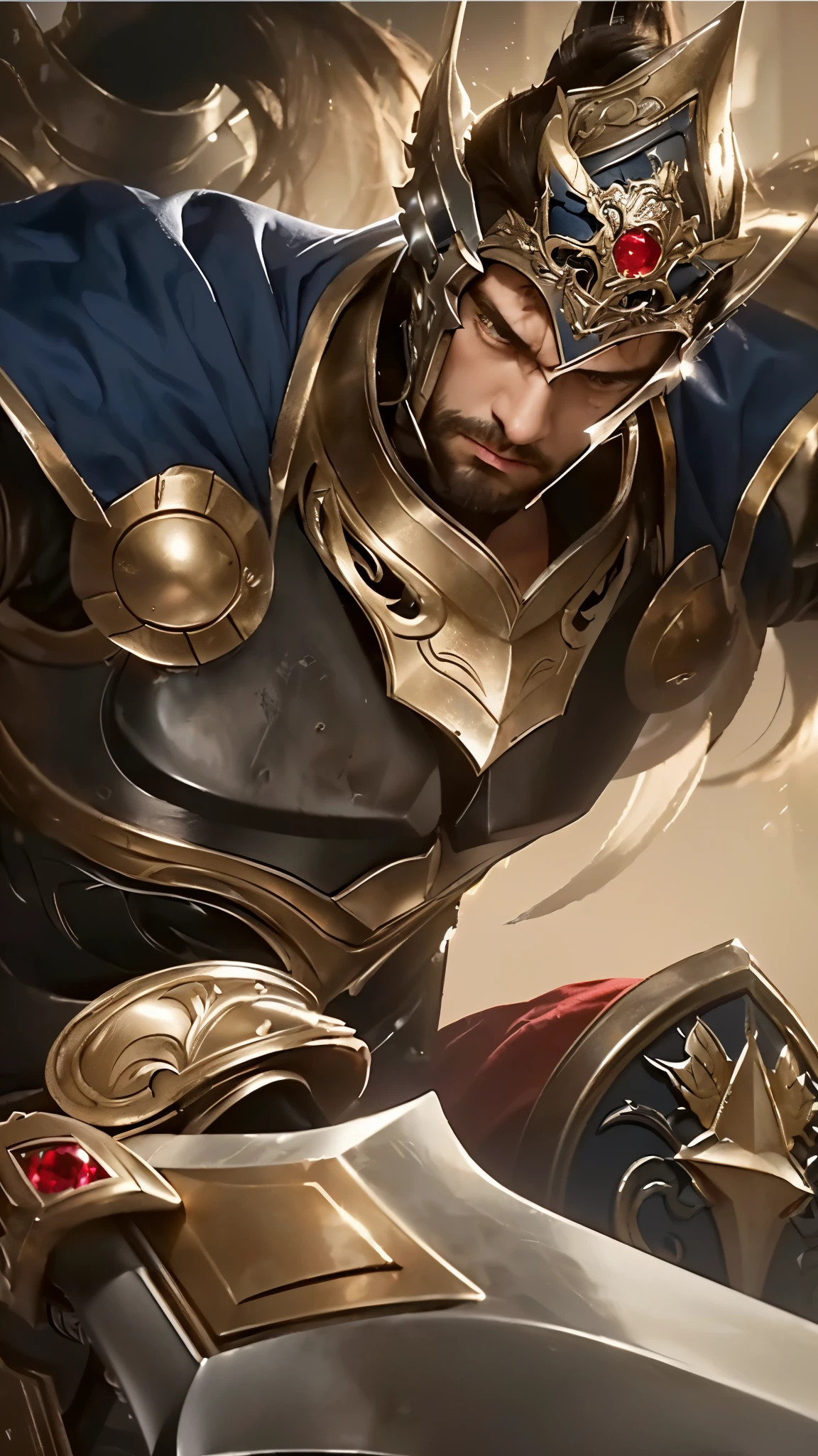 a close up of a man in armor holding a sword, detailed armor, highly detailed facial features, piercing gaze, chiseled jaw, brooding expression, intricate sword hilt, ornate sword blade, dramatic lighting, cinematic composition, dark fantasy, muted color palette, moody atmosphere
