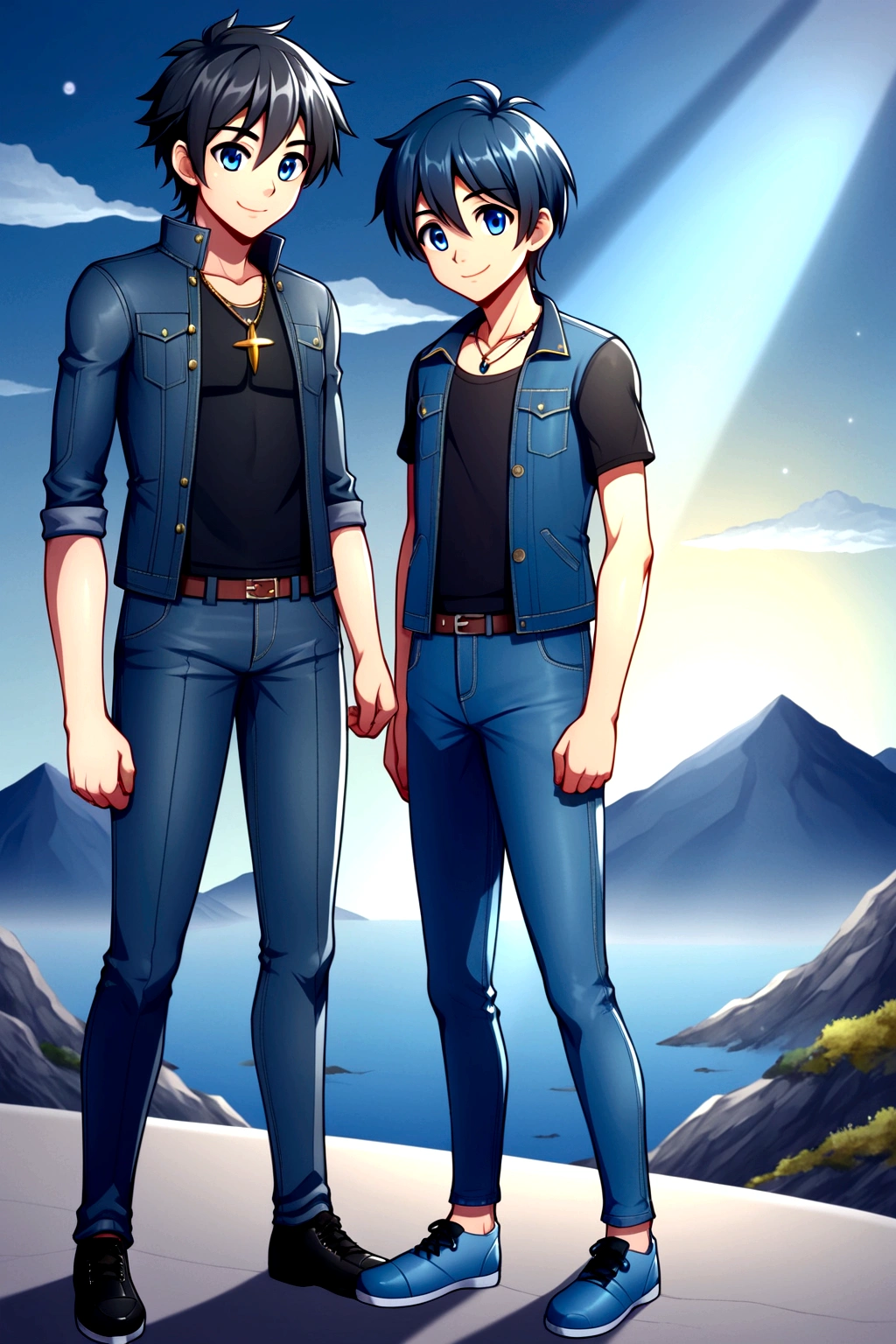 a young boy of 25 years, defined body, sharp chin, blue eyes, hiro hamada hair, black hair, disordered, happy smile, wearing a jean jacket, a simple black t-shirt, blue jeans, worn sports shoes, necklace with a sapphire stone, destroyed sapphire fragments, rays coming out of him, in some mountains, electric storms, digital drawing